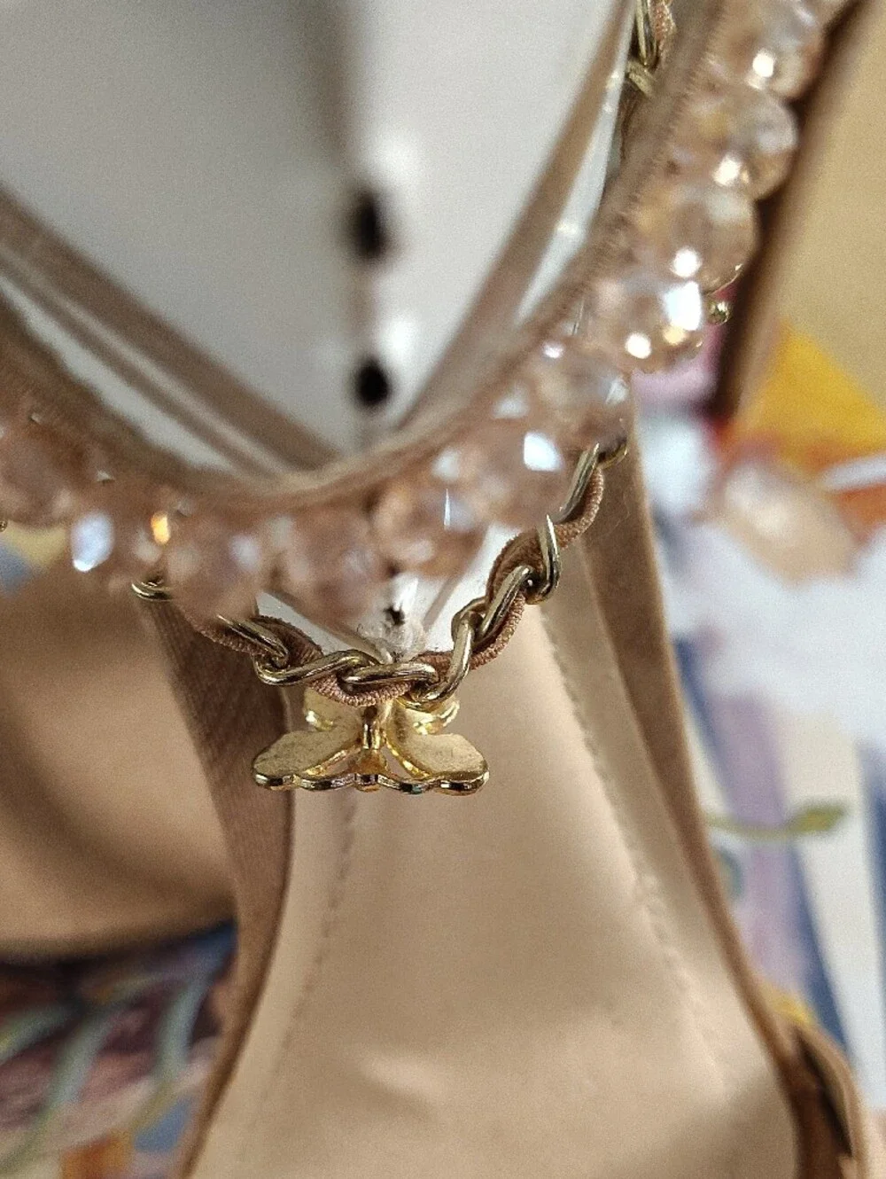 Anne Michelle Nude Heeled Sandals with Gold Chain & Crystal Trim
